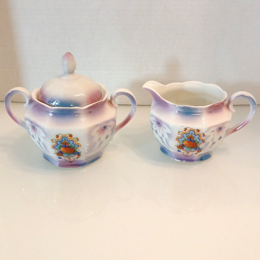 Antique Lusterware Cream & Sugar Set Colorful Opalescent Floral Design Germany